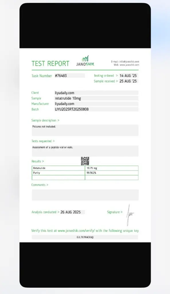 Janoshik verification report for Retatrutide 10mg